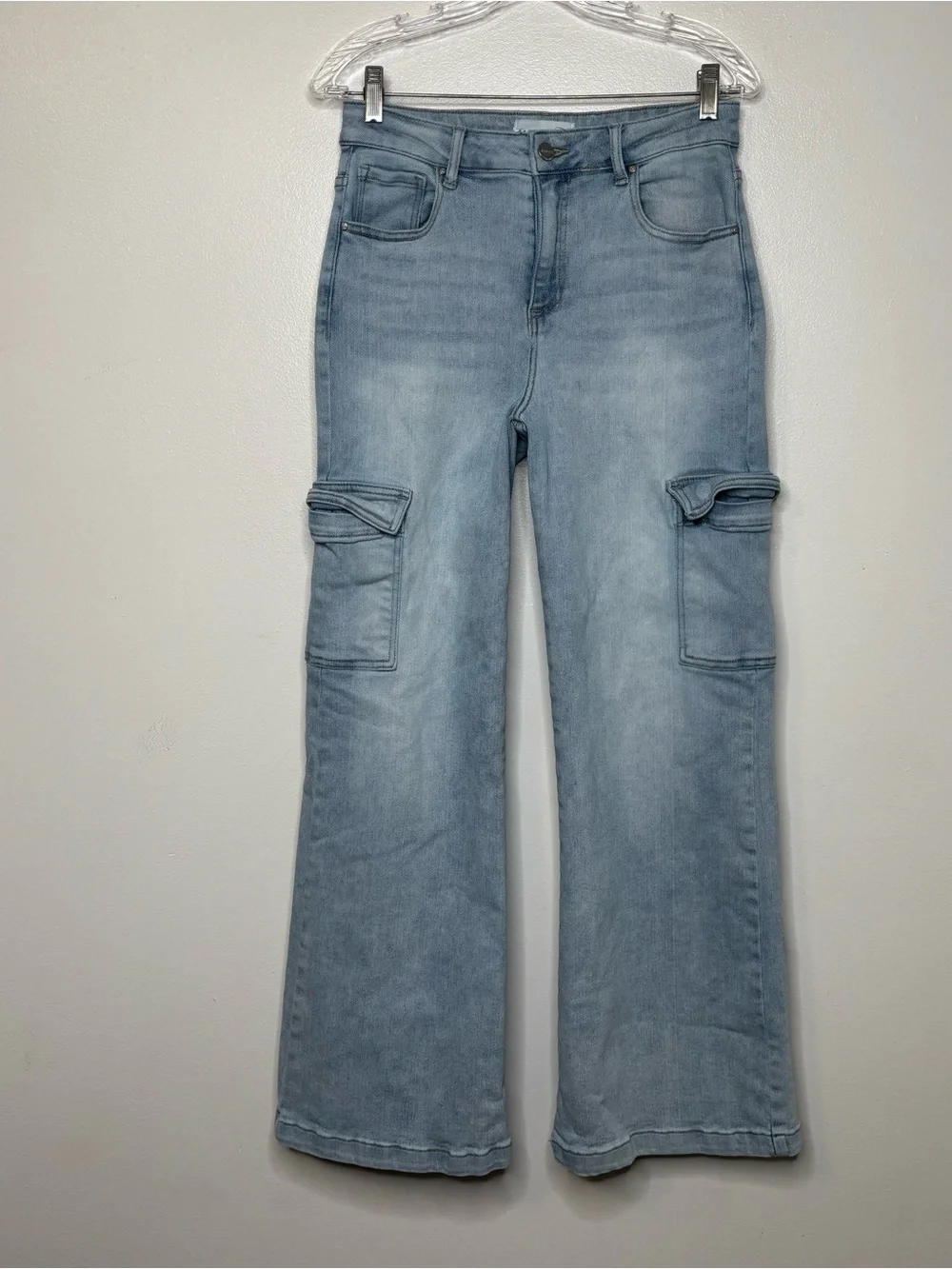 Risen Jeans High Rise Cargo Wide Leg Size 7/28  Blue Stretch Denim